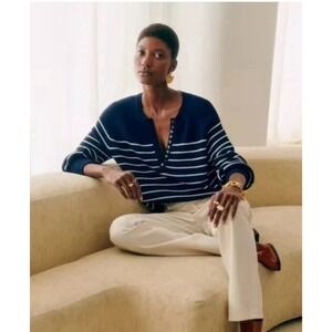 Sézane Organic Cotton Striped Henley Jumper Navy White Puff Sleeve Size XXS